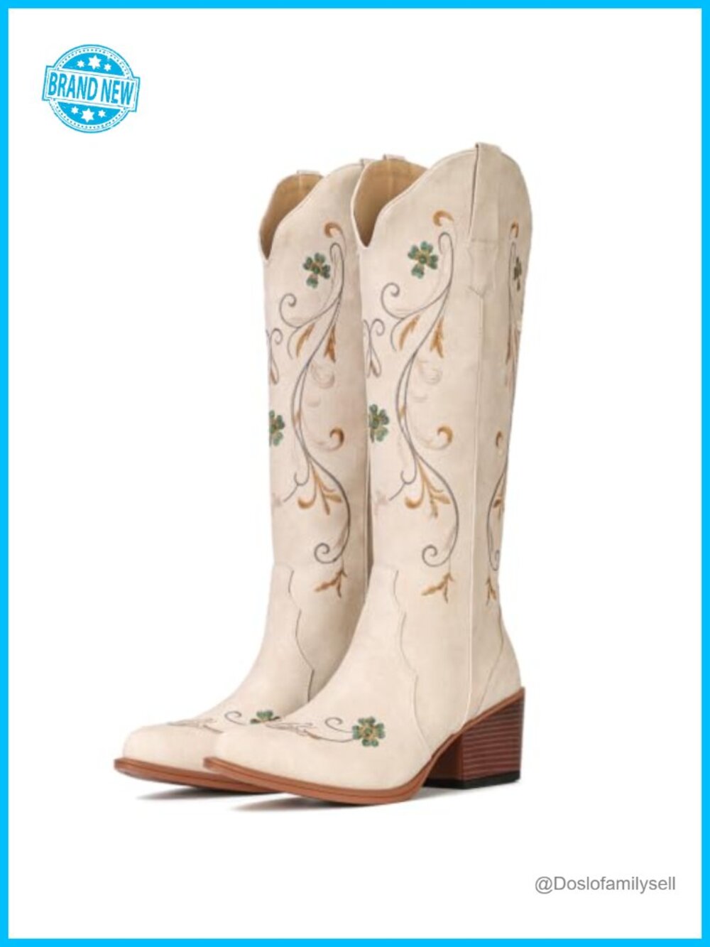 Wide Calf Floral Embroidered Knee High Western Cowboy Boots Faux Leather